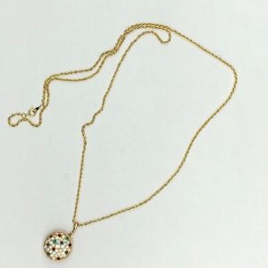 Round Locket Necklace with blue green red rhinestones Long chain